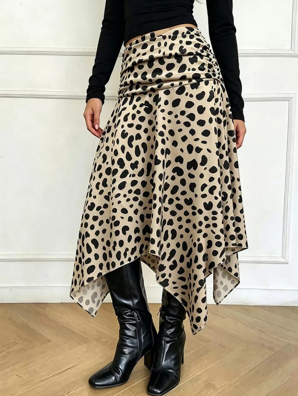 Leopard Print Asymmetrical Hem Midi Skirt